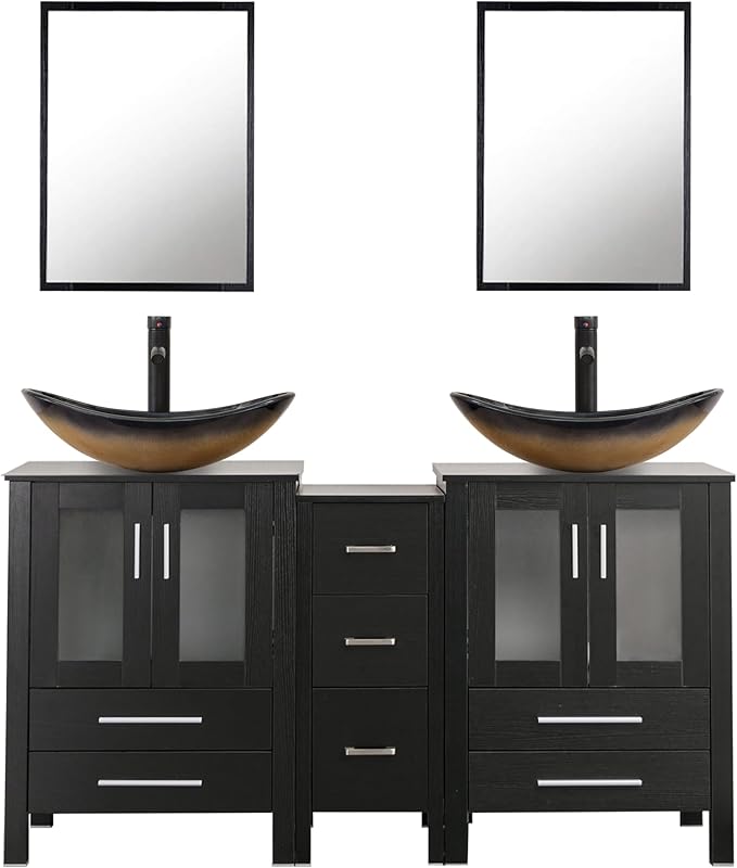 UEV 60" Double Sink Bathroom Vanity,Black Bathroom Vanity with Double Side Vanity Cabinets & Removable 3 Drawer Storage Cabinet with ModernVessel Sink,Mirror Not Included(029CH)