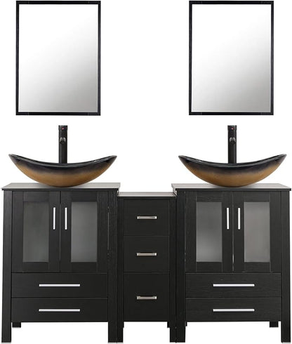 UEV 60" Double Sink Bathroom Vanity,Black Bathroom Vanity with Double Side Vanity Cabinets & Removable 3 Drawer Storage Cabinet with ModernVessel Sink,Mirror Not Included(029CH)