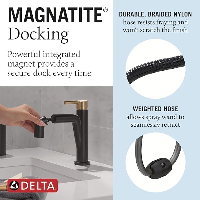 Delta Faucet Nicoli Pull-Down Single Hole Bathroom Faucet, Black and Gold Bathroom Sink Faucet with Pull Out Sprayer, Matte Black/Champagne Bronze 15849LF-GZPD