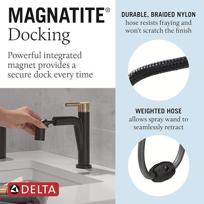 Delta Faucet Nicoli Pull-Down Single Hole Bathroom Faucet, Black and Gold Bathroom Sink Faucet with Pull Out Sprayer, Matte Black/Champagne Bronze 15849LF-GZPD