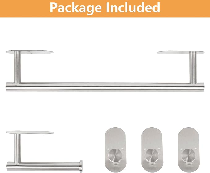 TocTen 5 Pieces Wall Mounted or Self Adhesive Towel Bar Set, Stainless Steel Bathroom Hardware Set Include 16″ Towel Rack, Toilet Paper Holder, 3 Towel Hook, Sticky Bathroom Accessory Kit (Silver)