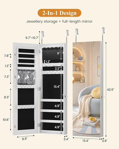 LVSOMT Over The Door Jewelry Organizer, 6 LED Wall Mounted Jewelry Cabinet | Lockable 42.5" Full Length Mirror with Jewelry Storage, Hanging Jewelry Mirror Cabinet, Jewelry Armoire for Women, White