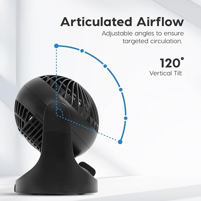 IRIS USA WOOZOO Small Desk Fan, Air Circulator, 3 Speeds, 32ft Max Air Distance, 120° Adjustable Tilt, 27.5db Quiet Motor, Small Fan for Bedroom, Office, Dorm, Black