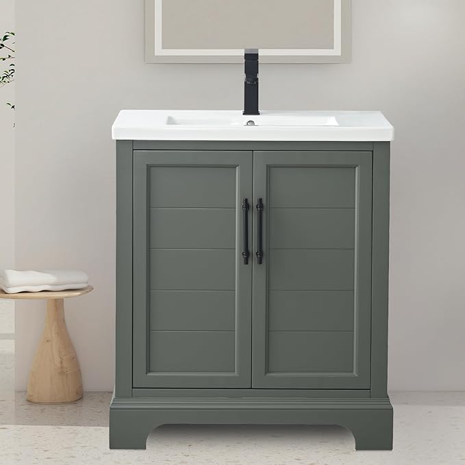 HOMEBEYOND 30 Inch Bathroom Vanity with Single Sink & Ceramic Top, Vanity Cabinet with Center Countertop Basin, Soft-Closing Doors, Vintage Green