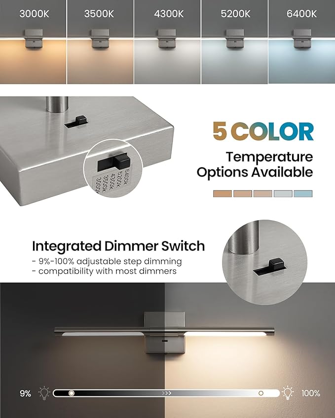 Brushed Nickel Vanity Light Fixtures for Bathroom Over Mirror 24 inch LED Bath Sconces IP44 5CCT Adjustable Morden Picture Lights for Paintings (Built-in Dimmer)