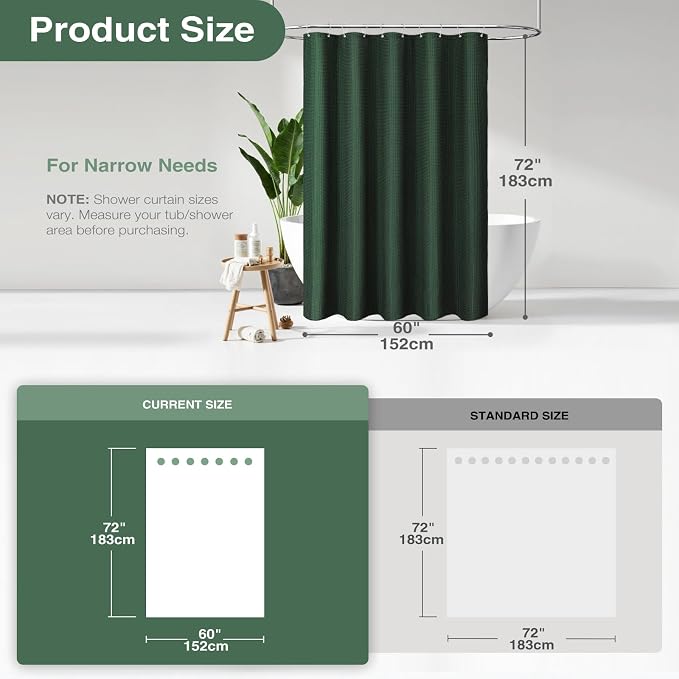 Stall Waffle Shower Curtain 256 GSM Heavy Fabric 60x72 Dark Green | 60 Inch Wide, Thick Cloth, Weighted Hem, Water Repellent, Hotel Luxury Polyester Shower Curtain Set for Bathroom 10 Hooks