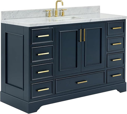 DKB Langford 54-inch Midnight Blue Bathroom Vanity with Center Rectangle Single Sink, Italian Carrara Marble Countertop & Backsplash, Solid Wood Frame, Soft-Closing & Dovetail Drawers