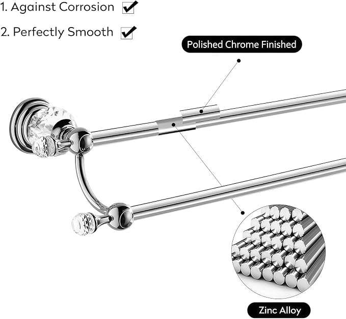 Double Chrome Crystal Towel Holder Adjustable Gold Towel Bar 14 to 25 Inch, Towel Rack Rail for Bathroom Wall Mounted