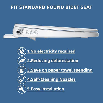 Bidet Toilet Seat, Soft Close Round Toilet Seat, Button control Feminine/Posterior Wash Switch, Knob Control Water Pressure,White Bidet Seat Attachment with Brass inlet