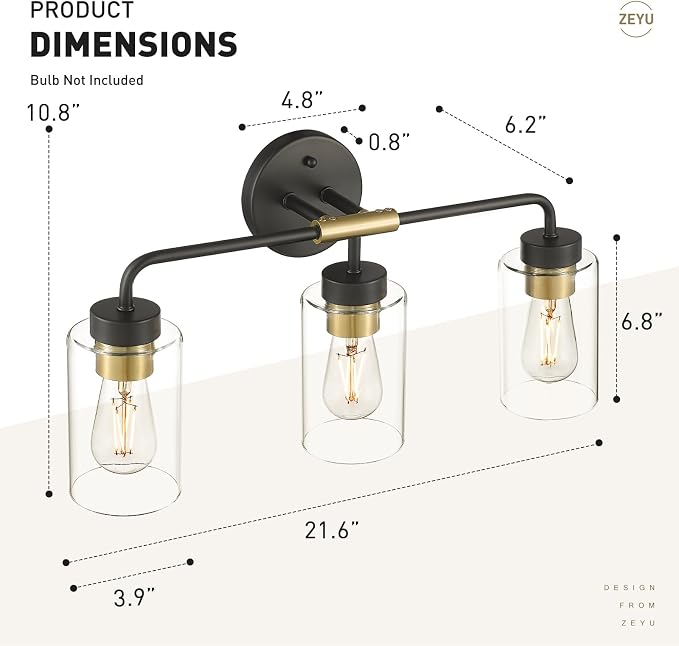 zeyu 3-Light Farmhouse Vanity Lights for Bathroom, 21 Inch Industrial Bath Wall Light Fixtures with Clear Glass Shade, Black and Gold Finish, ZS62B-3W BK+BG