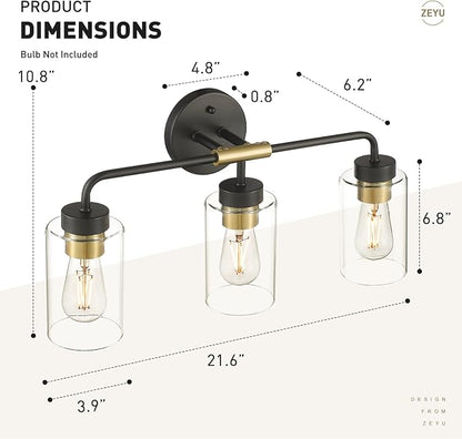 zeyu 3-Light Farmhouse Vanity Lights for Bathroom, 21 Inch Industrial Bath Wall Light Fixtures with Clear Glass Shade, Black and Gold Finish, ZS62B-3W BK+BG
