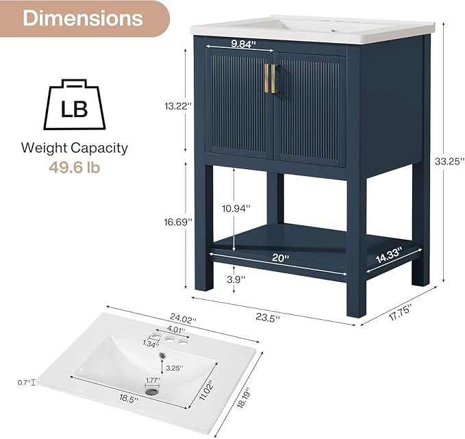 Tribesigns 48" Modern Bathroom Vanity with Sink, Freestanding Bathroom Vanities Cabinet Combo, Bathroom Sink Cabinet with 2 Doors and 1 Drawer, Solid Wooden Frame, Navy Blue