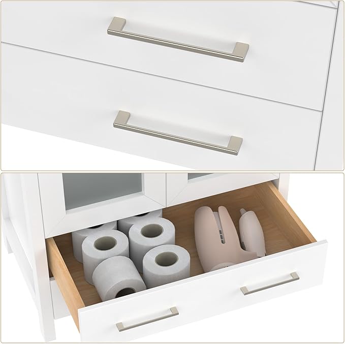 Vanity Art 84 Inch Under Mount Double Sink Bathroom Vanity Cabinet with 2 Mirrors, Ceramic Top Bathroom Cabinet Compact Set with 10 Dovetail Storage Drawers and Brushed Nickel Handles, VA3030-84-W