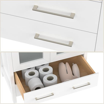 Vanity Art 96 Inch Under Mount Double Sink Bathroom Vanity Cabinet with 2 Mirrors, Ceramic Top Bathroom Cabinet Compact Set with 13 Dovetail Storage Drawers, VA3030-96-W