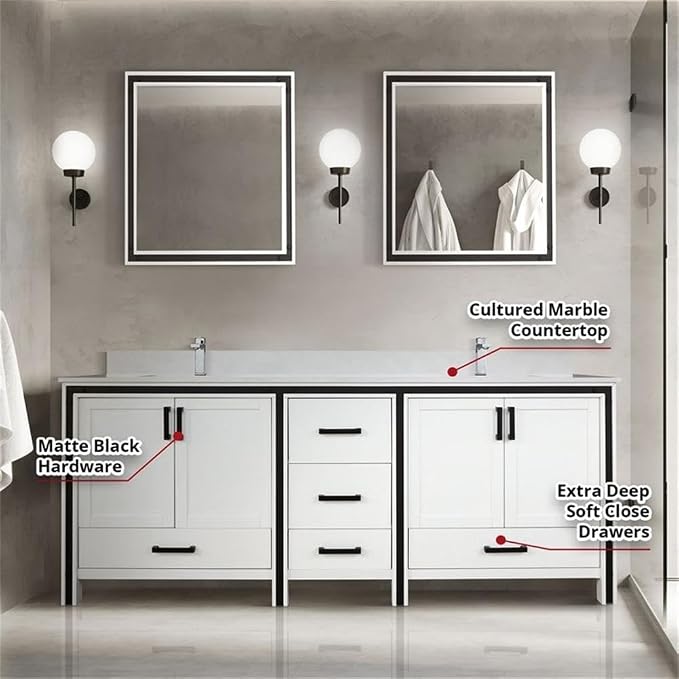 Ziva 80 in W x 22 in D White Double Bath Vanity and Cultured Marble Top
