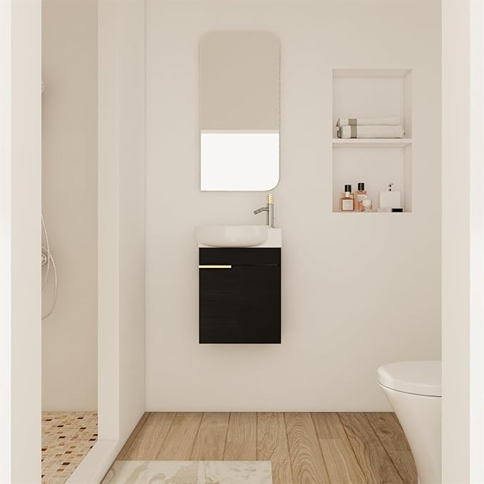 17'' Wall Mounted Bathroom Vanity Sink Combo for Small Space, Modern Bathroom Vanity Set with Ceramic Sink Top, Hanging Garage Vanities Compact Floating Small Cabinet for Bath Room, Black