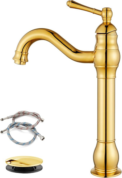 gotonovo Vintage Bathroom Vessel Sink Faucet, Polish Gold, with Drain | Tall Bathroom Faucet 1 Hole Single Handle, 360° Swivel Spout, cUPC Water Lines, Lead-Free, for Farmhouse Vanity Washbasin RV