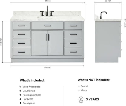 ARIEL Hepburn 60-inch Bathroom Vanity with Sink,Solid Wood, 1.5-inch Italian Carrara Marble Countertop, Single Rectangular Porcelain Sink, 2 Soft Closing Doors, 9 Dovetail Drawers, Grey