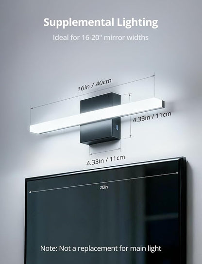 2 Pack Modern Bathroom Light Fixtures Above Mirror Small Vanity Lighting Bar 16Inch, 5 Color Adjustable Black Simple Slim Led Wall Sconce IP44 Rustproof Bright 10W 880LM for Bath Restroom