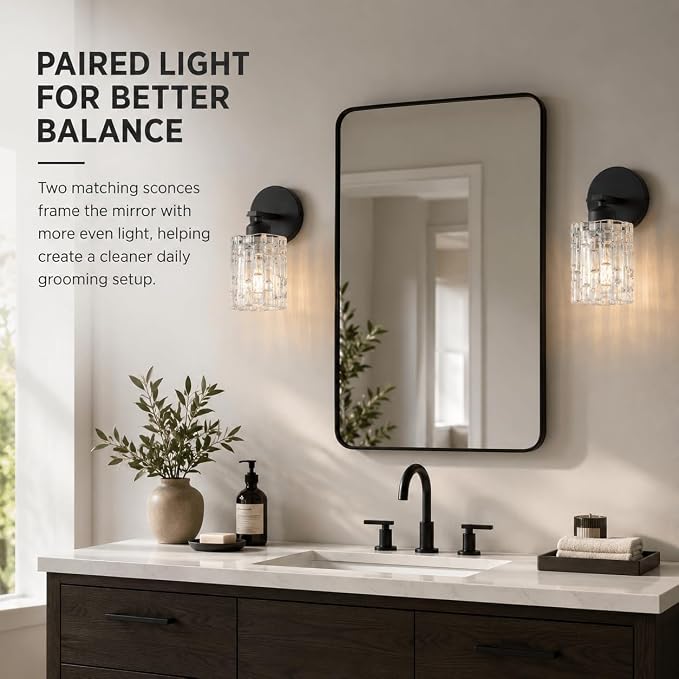 2-Pack 1-Light Modern Matte Black Crystal Wall Sconces, Hardwired Indoor Bathroom Vanity Light Fixtures, Crystal Over Mirror Lamps for Living Room, Bedroom, Hallway