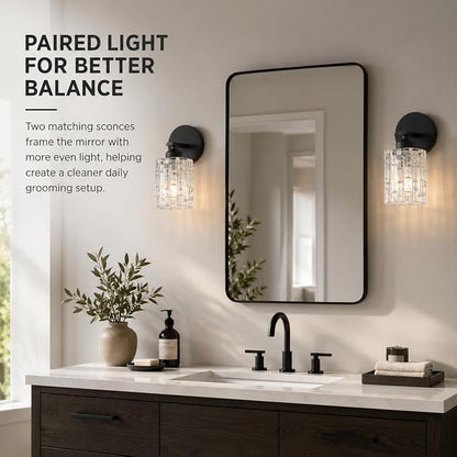 2-Pack 1-Light Modern Matte Black Crystal Wall Sconces, Hardwired Indoor Bathroom Vanity Light Fixtures, Crystal Over Mirror Lamps for Living Room, Bedroom, Hallway