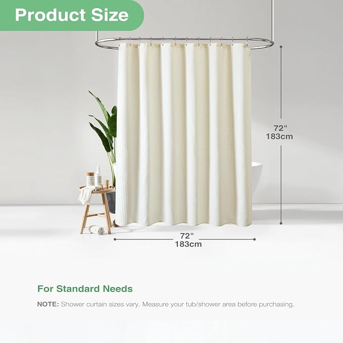 Waffle Shower Curtain 256 GSM Heavy Duty Fabric 72x72 Cream/Ivory | Thick Textured Cloth, Weighted Hem, Water Repellent Washable, Hotel Luxury Polyester Shower Curtain Set for Bathroom 12 Hooks