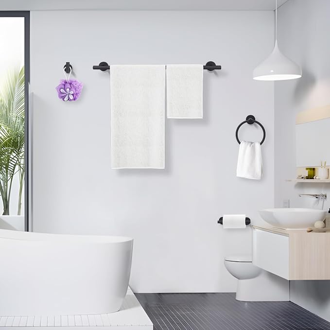 Matte Black Bathroom Hardware Accessories Set 4 Pieces,Towel Bar Set Stainless Steel Wall Mounted, Includes 24 in Hand Towel Bar, Towel Ring, Toilet Paper Holder, Bathroom Towel Rack Set