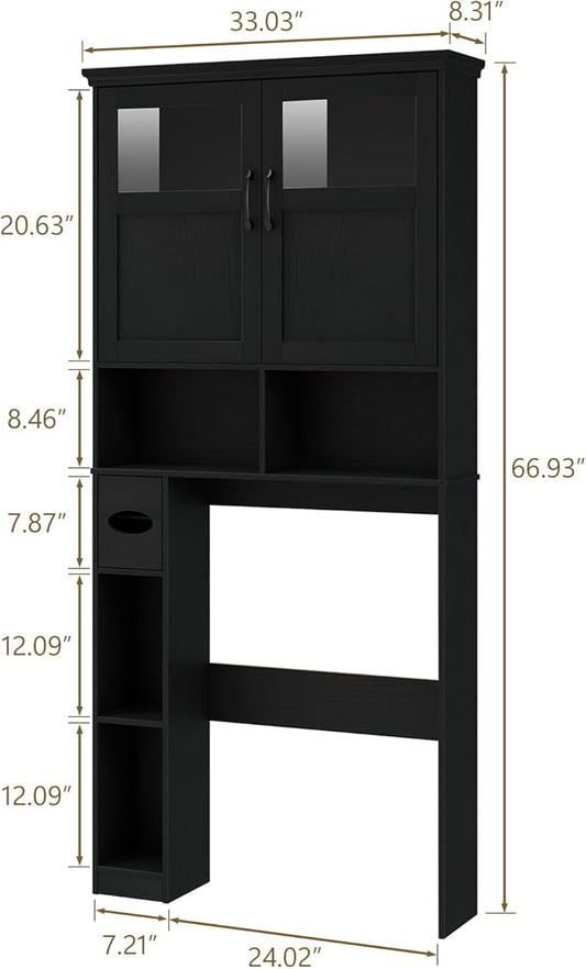 Vabches Over The Toilet Storage Cabinet, Storage Cabinet Over Toilet with Double Doors & Toilet Paper Holder Stand, Freestanding Toilet Shelf Space Saver with Anti-Tip Design & Adjustable Shelf, Black