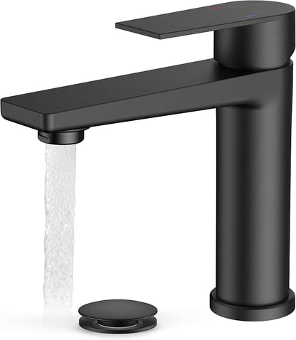 FORIOUS Black Bathroom Faucet 1 Hole, Commercial Bathroom Sink Faucets | Single Hole Bathroom Sink Faucet Matte Black, Single Handle Rv Faucet Bathroom for Sink with Deck Plate and Pop Up Drain