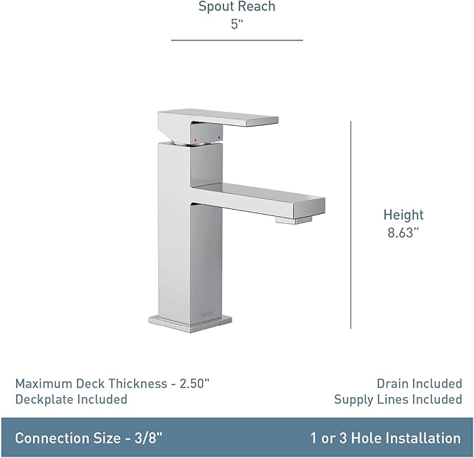 Moen Revyl Chrome One-Handle Single Hole Modern Bathroom Sink Faucet with Optional Deckplate and Spring Loaded Drain Assembly, 84771