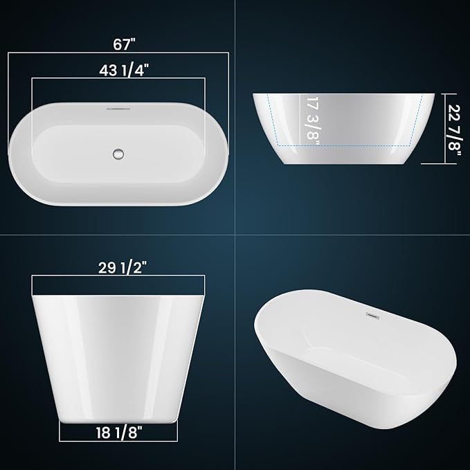 Freestanding Bathtub 67 inch, Acrylic Freestanding Bathtub 59 inch with Deep Soaking Design, Acrylic Stand Alone Tub Black & White, Free Standing Tub for Small Bathroom