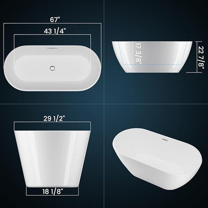 Freestanding Bathtub 67 inch, Acrylic Freestanding Bathtub 59 inch with Deep Soaking Design, Acrylic Stand Alone Tub Black & White, Free Standing Tub for Small Bathroom