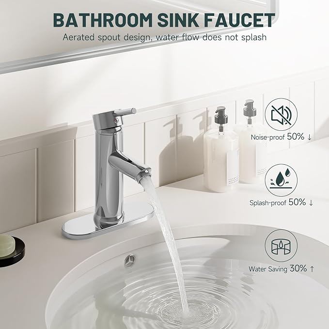 Chrome Bathroom Faucets, Single Handle Bathroom Faucet 1 Hole Bathroom Sink Faucet Modern Commercial Lavatory Vanity Faucet with Cover Plate Pop Up Drain with Overflow Included, Brass