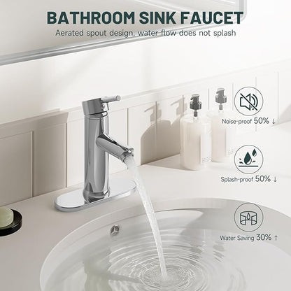 Chrome Bathroom Faucets, Single Handle Bathroom Faucet 1 Hole Bathroom Sink Faucet Modern Commercial Lavatory Vanity Faucet with Cover Plate Pop Up Drain with Overflow Included, Brass