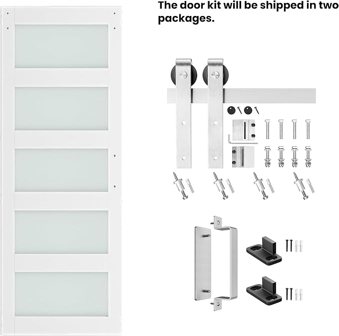 32'' x 84'' Glass Barn Door and 6FT Brushed Nickel Hardware Kit | MDF White Barn Door Slab with Frosted Glass, PVC Surface, Combined with Handle and Floor Guide-Assembly Required