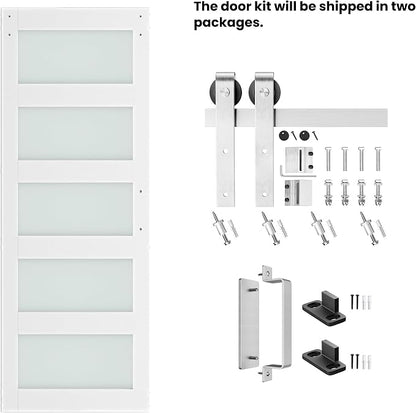 32'' x 84'' Glass Barn Door and 6FT Brushed Nickel Hardware Kit | MDF White Barn Door Slab with Frosted Glass, PVC Surface, Combined with Handle and Floor Guide-Assembly Required