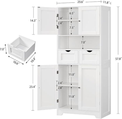 TEENFON 57.8" H Tall Bathroom Storage Cabinet with 4 Doors & 2 Adjustable Shelves, Freestanding Bathroom Cabinet with 2 Drawers, Kitchen Cabinets & Pantry, Cupboard for Kitchen, Dining Room, White