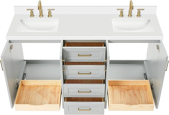 ARIEL Taylor 66-inch Bathroom Vanity with Sink,Solid Wood, 1.5-inch Pure White Quartz Countertop & Backsplash, Double Oval Porcelain Sink, 4 Soft Closing Doors, 5 Dovetail Drawers, Satin Brass, Grey