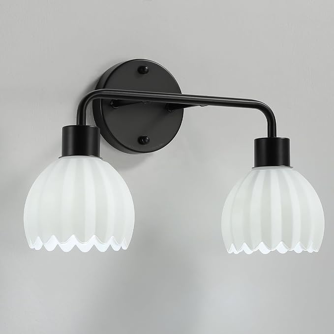 Black 2-Light Vanlity Light Over Mirror,Wall Sconces,Modern Bathroom Light Fixture with Milk White Glass Flower Shade,E26 Socket(Bulbs Not Included)