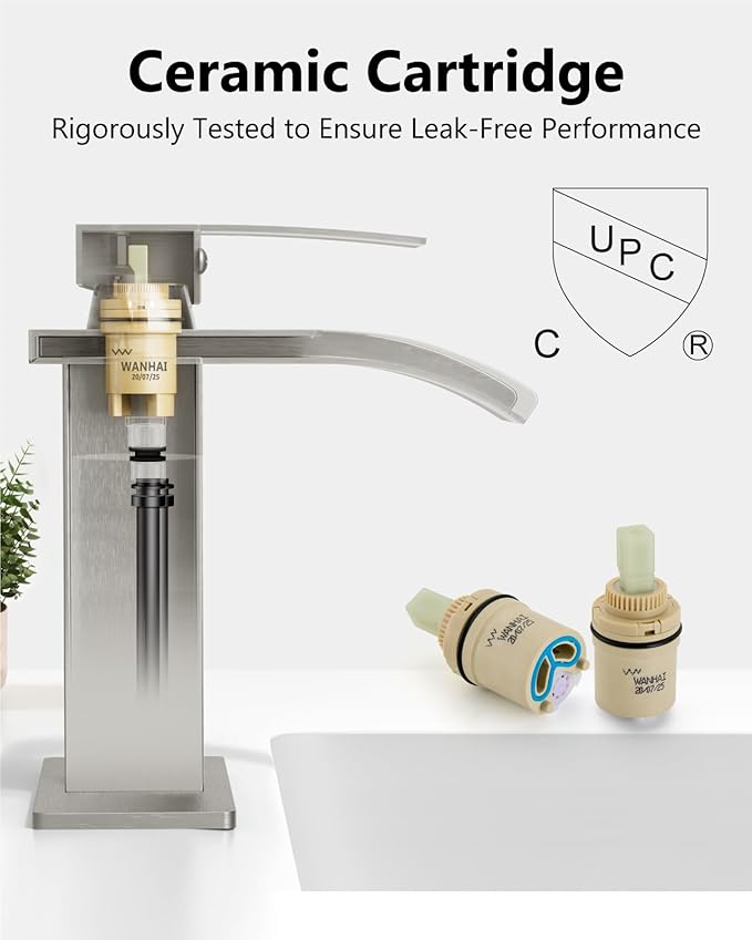 Waterfall Bathroom Faucet 1 Hole, Single Hole Bathroom Faucet, Single Handle Vanity Sink Faucet with Deck Plate, Pop-up Drain & Supply Lines, Brushed Nickel