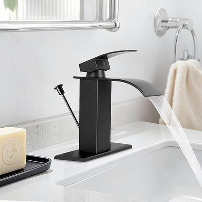 Matte Black Bathroom Faucet with Lift Rod Drain, Waterfall Bathroom Sink Faucet Modern Single Handle Bathroom Faucte 1 or 3 Hole, RV Mixer Tap Vanity Faucet Washbasin Faucet with Deck