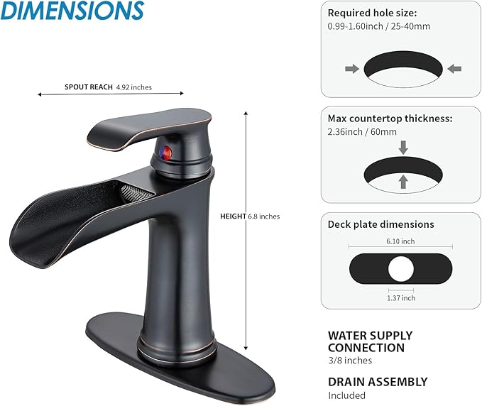Oil Rubbed Bronze Bathroom Faucet, Sanliv Waterfall Faucet for Bathroom Sinks 1 or 3 Hole, Single Handle Vanity Faucets with Pop Up Drain Deck Plate Supply Hoses, ORB