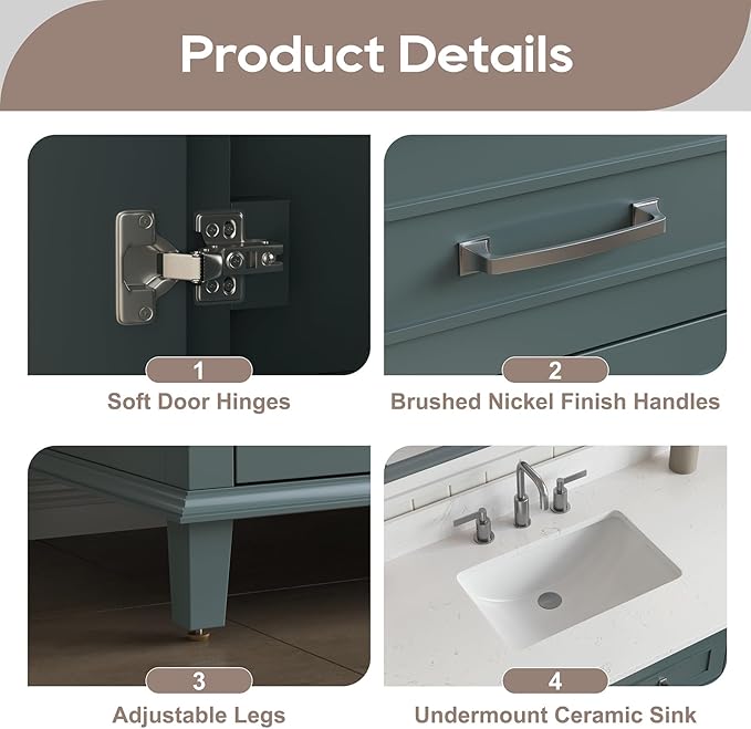 48 Inch Bathroom Vanity with Sink, Modern Bathroom Vanity with Engineered Stone Countertop, Solid Wood Frame Bathroom Storage Cabinet with Soft Closing Door & Dovetail Drawer, Green