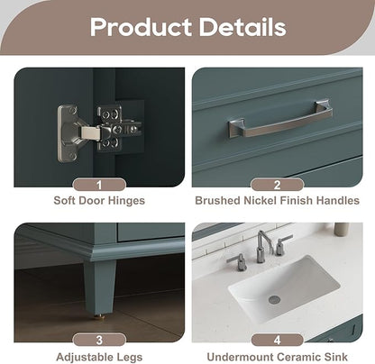48 Inch Bathroom Vanity with Sink, Modern Bathroom Vanity with Engineered Stone Countertop, Solid Wood Frame Bathroom Storage Cabinet with Soft Closing Door & Dovetail Drawer, Green