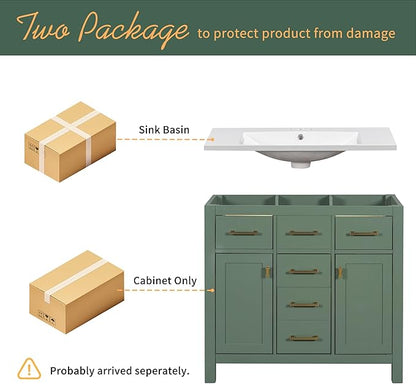 36 Inch Green Bathroon Vanity with Sink,Modern Bathroom Sink Cabinet 36" with 4 Drawers & 2 Cabinets,Integrated Countertop,Gold Handles,Soft Closing,Solid Wood Frame