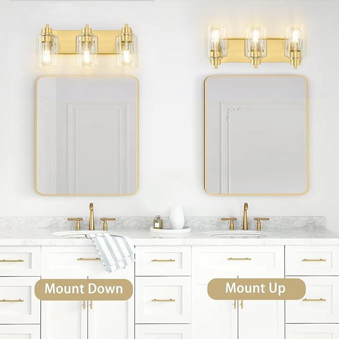 Gold Bathroom Light Fixtures, Bathroom Light Fixtures Over Mirror, Gold Vanity Lamp with Clear Glass