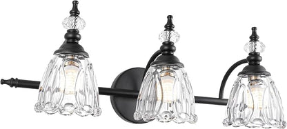 Matte Black Bathroom Vanity Light, Farmhouse Bathroom Light Fixtures Over Mirror, 3 Light Vanity Lighting Fixtures, Flower Glass Shade Wall Sconce Lighting