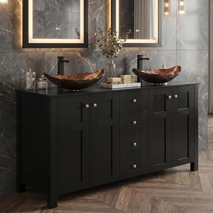 48'' Bathroom Vanity with Sink, Modern Bathroom Cabinet Black | 4 Soft-Close Cabinet Doors, 4 Drawers, 4-Tier Inner Shelf, Freestanding Large Storage Cabinet, Two Brown Leaf Glass Sinks