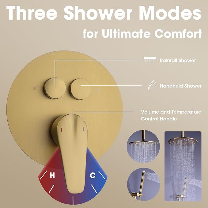 TRUSTMI 12" Ceiling Mount Rainfall, Pressure Balanced Valve, Brushed Gold | Solid brass kit with push-button diverter for handheld spray. cUPC valve prevents scalding for family safety