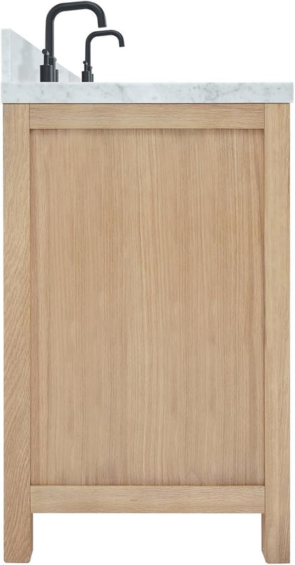 ARIEL Cambridge 66-inch Bathroom Vanity with Sink,Solid Wood, 1.5-inch Italian Carrara Marble Countertop, Double Rectangular Porcelain Sink, 4 Soft Closing Doors, 6 Dovetail Drawers, White Oak